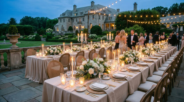 Elegant outdoor wedding reception at dusk with a long banquet table set for guests, cream linens, white florals, candlelight, string lights, and a historic stone estate backdrop