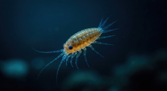 Tiny, translucent crustacean in dark, deep water