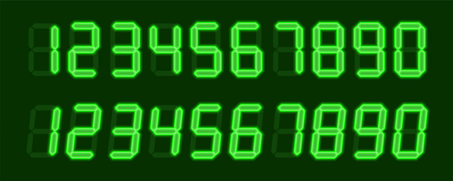 Digital glowing numbers. Green LCD figures for a electronic devices, clocks, calculators, and scoreboard interfaces. Vector illustration.