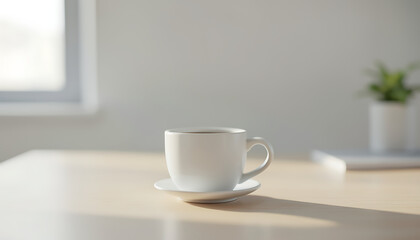 Fototapeta premium Close up coffee cup on minimal office desk with copy space. Ideal for startup culture, productivity themes, and business lifestyle content.
