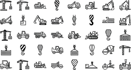 Construction equipment icon set, cranes, excavators, bulldozers, dump trucks, forklifts, concrete mixers, industrial machinery theme - flat vector illustration © TOMSINA