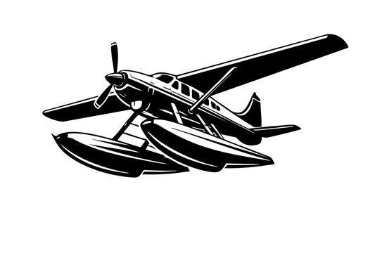 Low-angle perspective of a seaplane emphasizing floats and wing structure