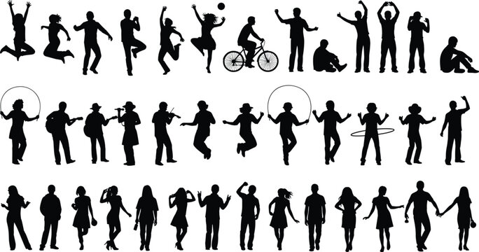Human activity silhouette illustration set, dynamic poses, dancing, sports, music, social interaction theme - flat vector illustration