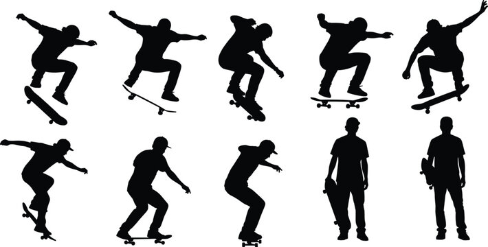 Skateboarder silhouette set, tricks and poses, jumps, flips, riding stances, skateboarding culture theme - flat vector illustration
