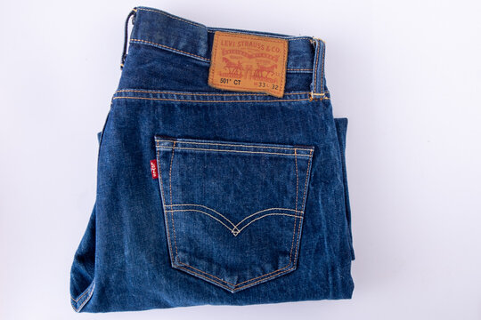 Levi Strauss blue denim jeans label 501. Ukraine, Kyiv - October 2, 2025