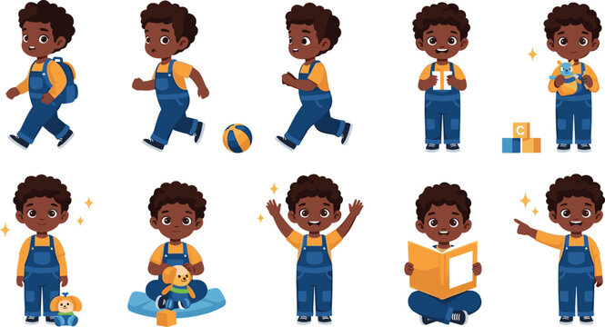 Cute little boy character set in different poses playing and learning