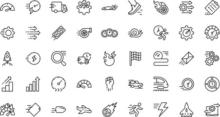 Speed outline icon set. Containing fast, slow, movement, indicator, turbo, speeding, productivity, speedometer, and more. Editable stroke. vector © Azahar