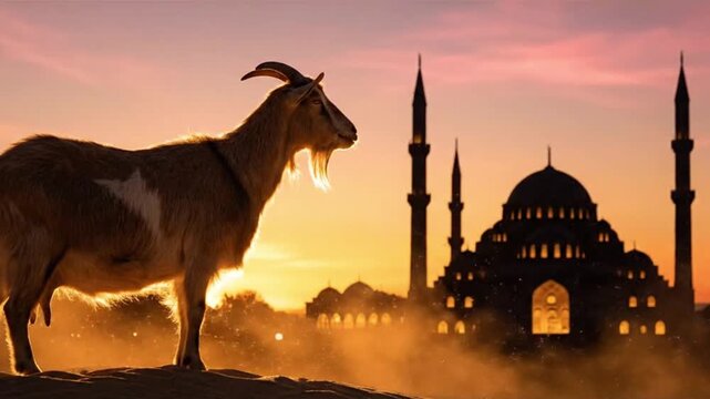 Goat with Golden Sunset Mosque Background for Eid al-Fitr Eid Mubarak
