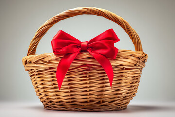 Empty Wicker Basket with a Textured Red Bow, Isolated on Light Gray