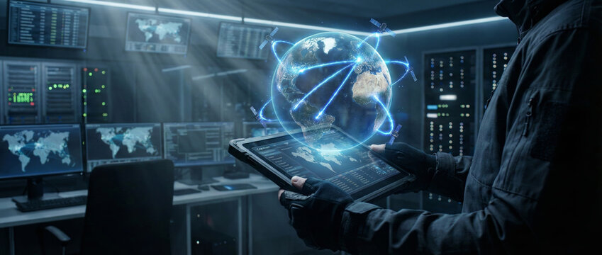 Global network communication hub features earth hologram and satellite monitoring in high tech data control center