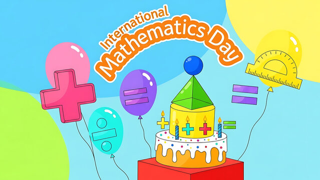 Vibrant International Mathematics Day celebration with colorful cake and balloons