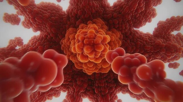 Observe a simple cellular sphere transforming into highly complex, red and orange organic structure.