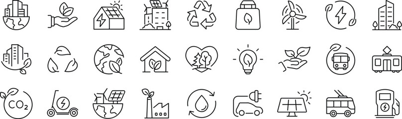 Green city Web Icon Set in Line Style. Collection of Green energy Linear Icons, Including renewable energy, autonomous building, air and water quality, zero waste, environmental. © Azahar
