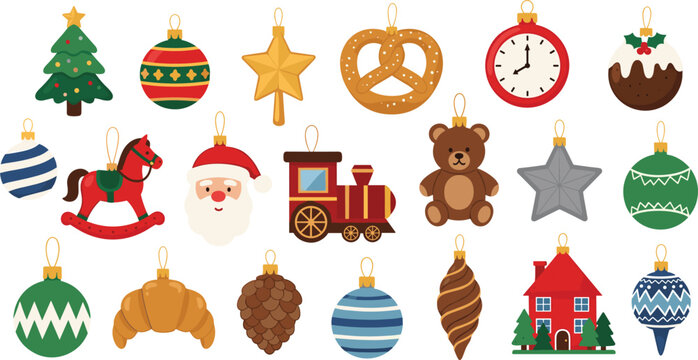 Christmas ornament set with Santa, tree, toys, baubles and holiday decorations