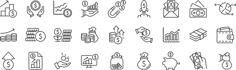 Financial profit set of web icons in line style. Money income linear icon collection. Containing money savings, finance, growth, investment, payment, earnings, management and more.
