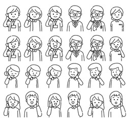 看護師と患者家族　電話応対をする人々セット　線画