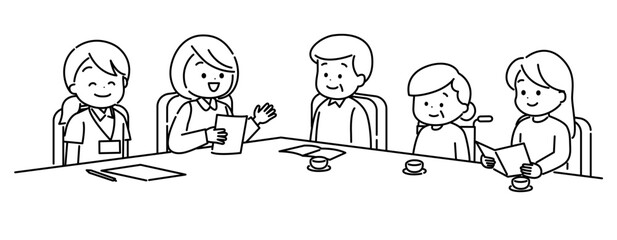 介護保険サービスについて相談している家族　線画