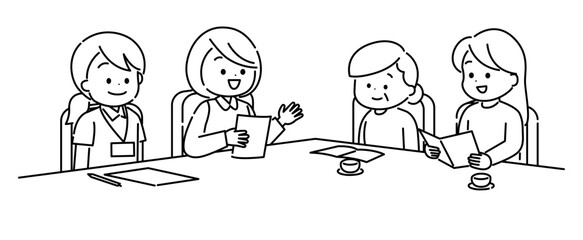 介護保険サービスについて相談している家族　線画