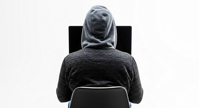 Mysterious hacker in hoodie working on computer in dark room