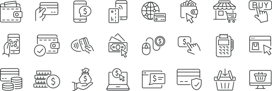 Online payment set of web icons in line style. Payment linear icon collection. Containing cashless wallet, e-wallet, money transfer, banking, credit card, cash, transaction more.