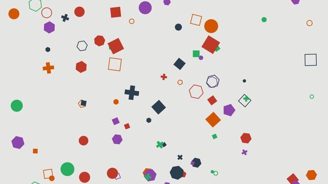 Colorful geometric shapes creating an abstract pattern with circles squares diamonds and hexagons scattered