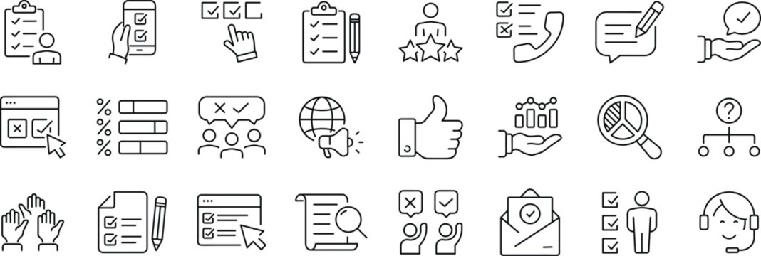 Survey Web Icon Set in Line Style. Collection of feedback Linear Icons, Including question, opinion, satisfaction, opinion, research, review, satisfaction, task, poll, answer and More.