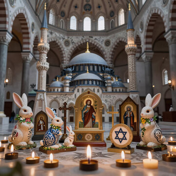 graffiti, a collection of religious icons featuring candles, a mosque, the easter bunny, and monotheistic symbols in the style of monastery outlines