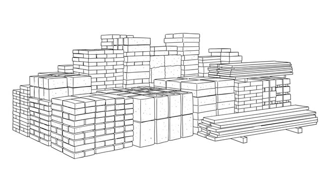 Hand drawn construction materials: bricks and timber in outline