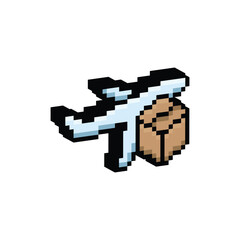 Fototapeta premium 3D isometric pixel art airplane with package 8 bit vector icon for computer game, logo