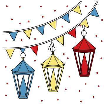 Colorful lanterns hanging from a festive string of triangular flags Vector