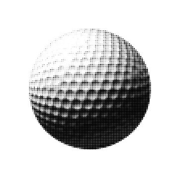 Monochrome halftone golf ball isolated on white background. Detailed dotted texture sports illustration in minimal black and white style.