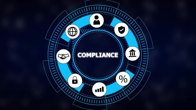 Compliance HUD interface with governance and risk icons. Futuristic compliance HUD interface for cybersecurity and regulation management. Digital compliance HUD interface for corporate reporting