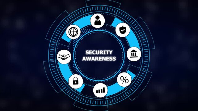 Futuristic blue cybersecurity interface with circular HUD and icons around text "security awareness" on dark digital background.