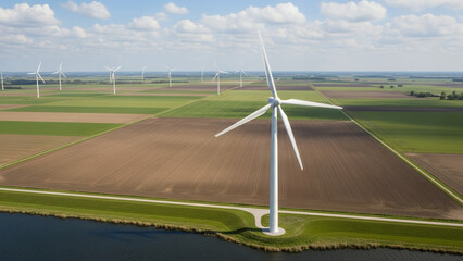 Aerial view of wind turbines in a vast agricultural field with a river and green landscape wind farm