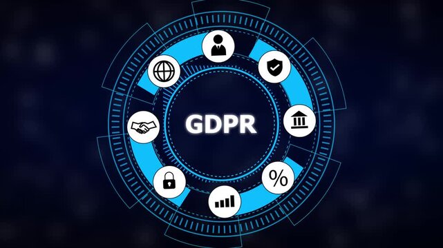 Futuristic blue circular interface showing gdpr text with data privacy icons around it on dark tech background, concept of eu compliance and cybersecurity.
