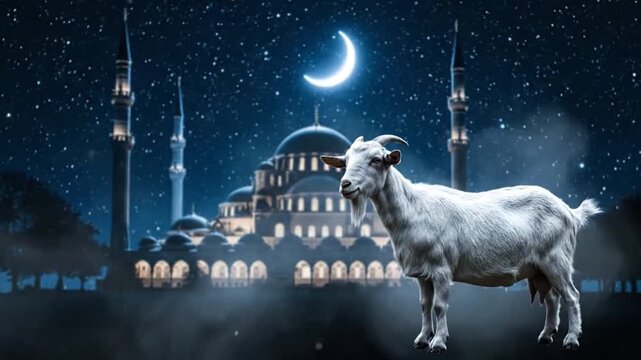 White Sheep Under Crescent Moon and Mosque for Eid Mubarak Night
