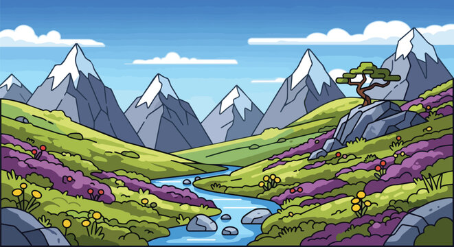 A vividly illustrated mountainscape presenting a tranquil river meandering through flower-dotted green valleys beneath towering snow-capped peaks