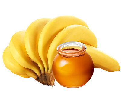 pote de mel acompanhado de penca de bananas maduras isolado em fundo transparente