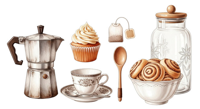 Coffee cup, muffins, cookies, and moka pot breakfast set isolated on transparent background
