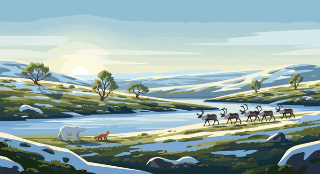An illustrative depiction of a majestic polar bear, a cunning red fox, and a migrating reindeer herd crossing a snowy arctic riverbank during a