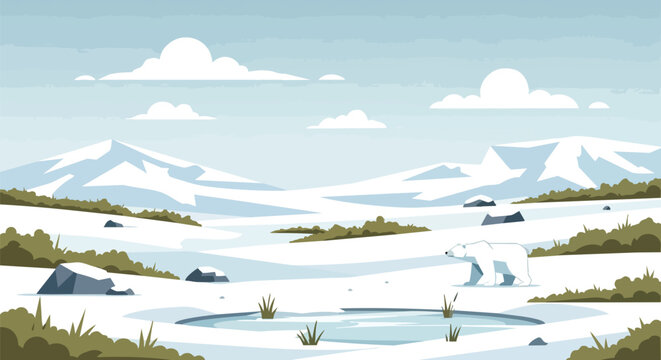 An illustration of a magnificent polar bear traversing a serene arctic wonderland with snow-capped peaks and a glistening frozen pond under a soft