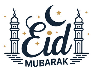 Fototapeta premium Eid Mubarak Greeting with Mosque and Crescent Moon