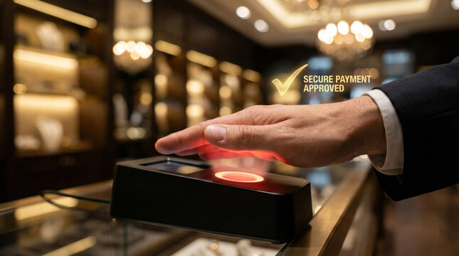 Biometric payment system using palm scan technology in luxury retail store for secure financial transactions daily