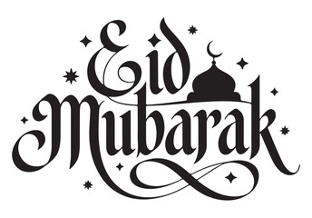 Eid Mubarak Greeting with Mosque Silhouette and Crescent Moon © Baloch