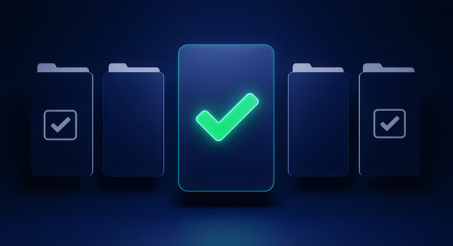 Digital verification and approval process with glowing green checkmark on a modern interface surrounded by digital file