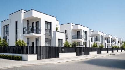 A modern, white apartment building with black railings and balconies, set against a clear blue sky.
