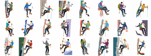 Dynamic illustrations of men and women rock climbing, bouldering, and rappelling, featuring diverse outdoor and indoor adventures with safety gear. © Sabiqul