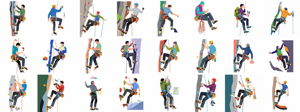 Dynamic illustrations of men and women rock climbing, bouldering, and rappelling, featuring diverse outdoor and indoor adventures with safety gear.