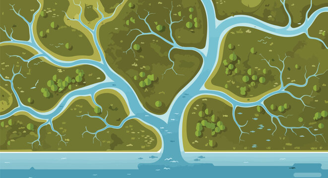 Intricate river delta network with lush green land from an aerial view, showcasing the complex beauty of natural water systems flowing into a larger