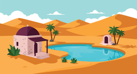 Obraz premium Desert oasis illustration: traditional domed structure, serene blue water, green palm trees, golden sand dunes under clear sky. Tranquil desert haven.